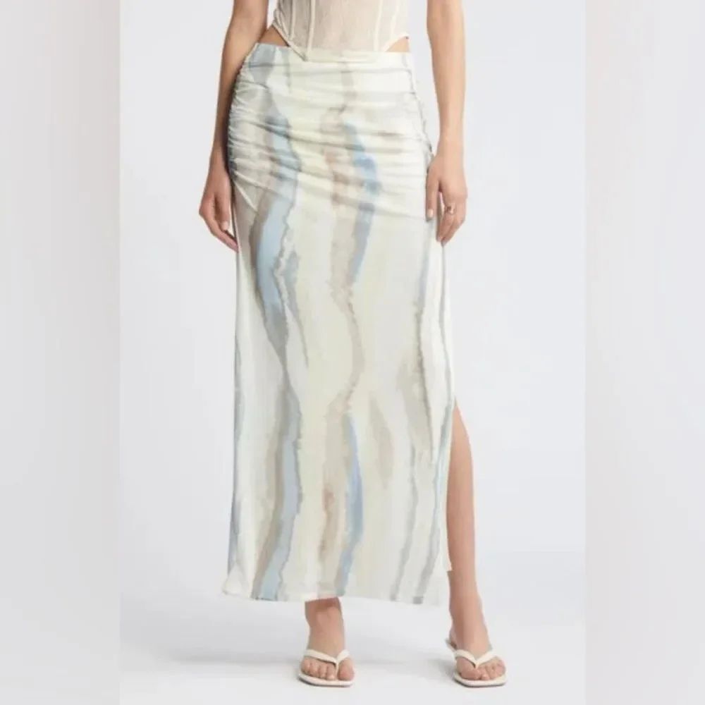 Open Edit Ivory Seafoam Swirl Ruched Side Slit Mesh Maxi Skirt XL